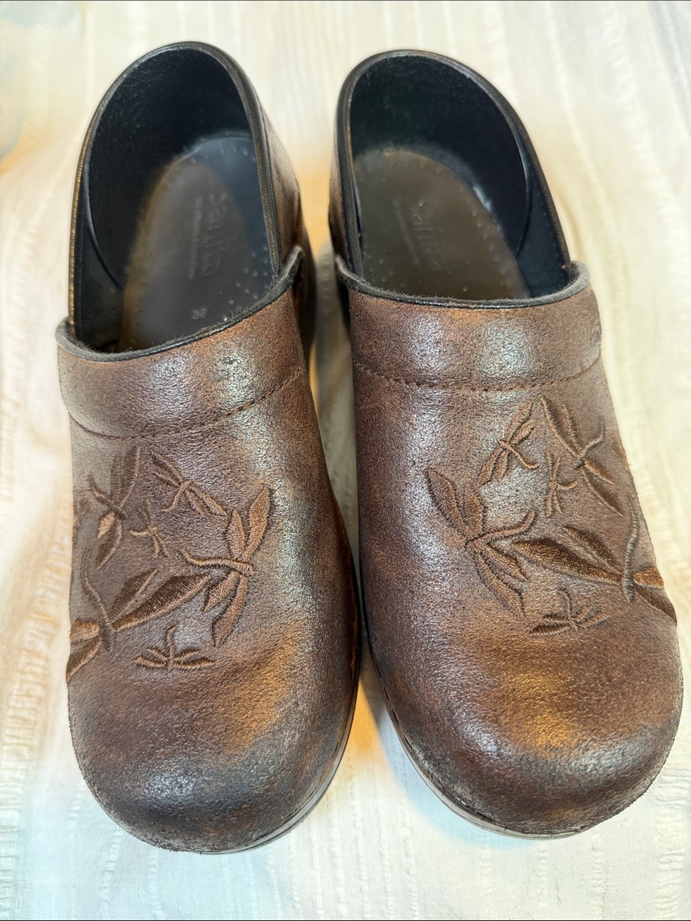 Sanita Brown Leather Embroidered Professional Clogs Mules Women’s 38 Dragonfly